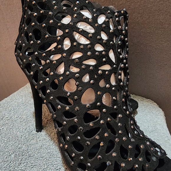 Macys Black High Heel Stappy Bootie with Zipper with Rhinestones - Picture 14 of 16